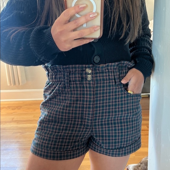 American Eagle Outfitters High-Waisted Plaid Shorts - Navy and Red - Picture 1 of 5